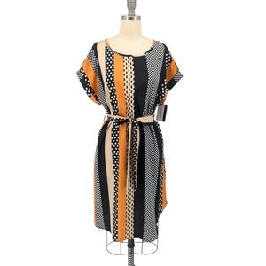 Sason Striped Polka Dot Mixed Print Dress Black Orange S retro Business casual